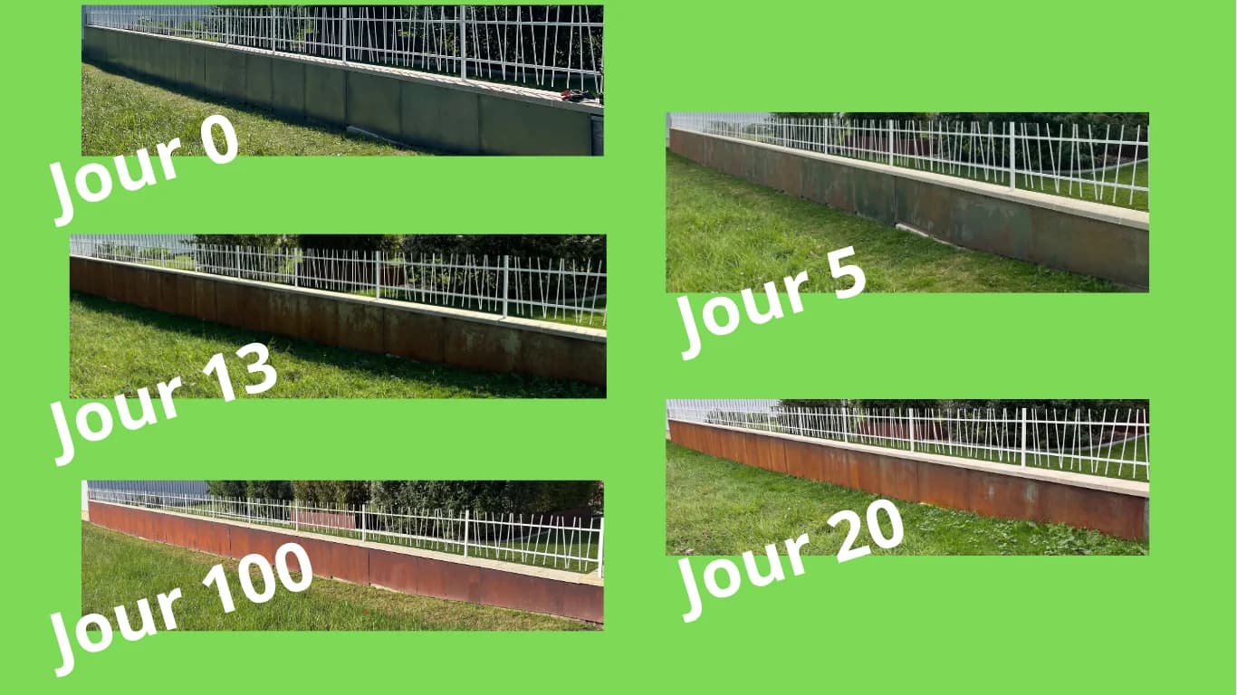 Evolution de l'acier corten jour 1 - jour 100