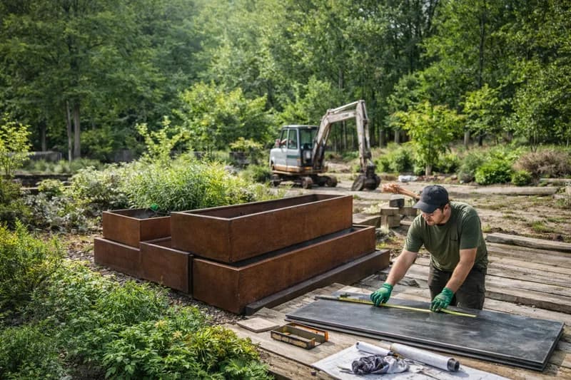 Artisan métallier travaillant des jardinières en acier corten